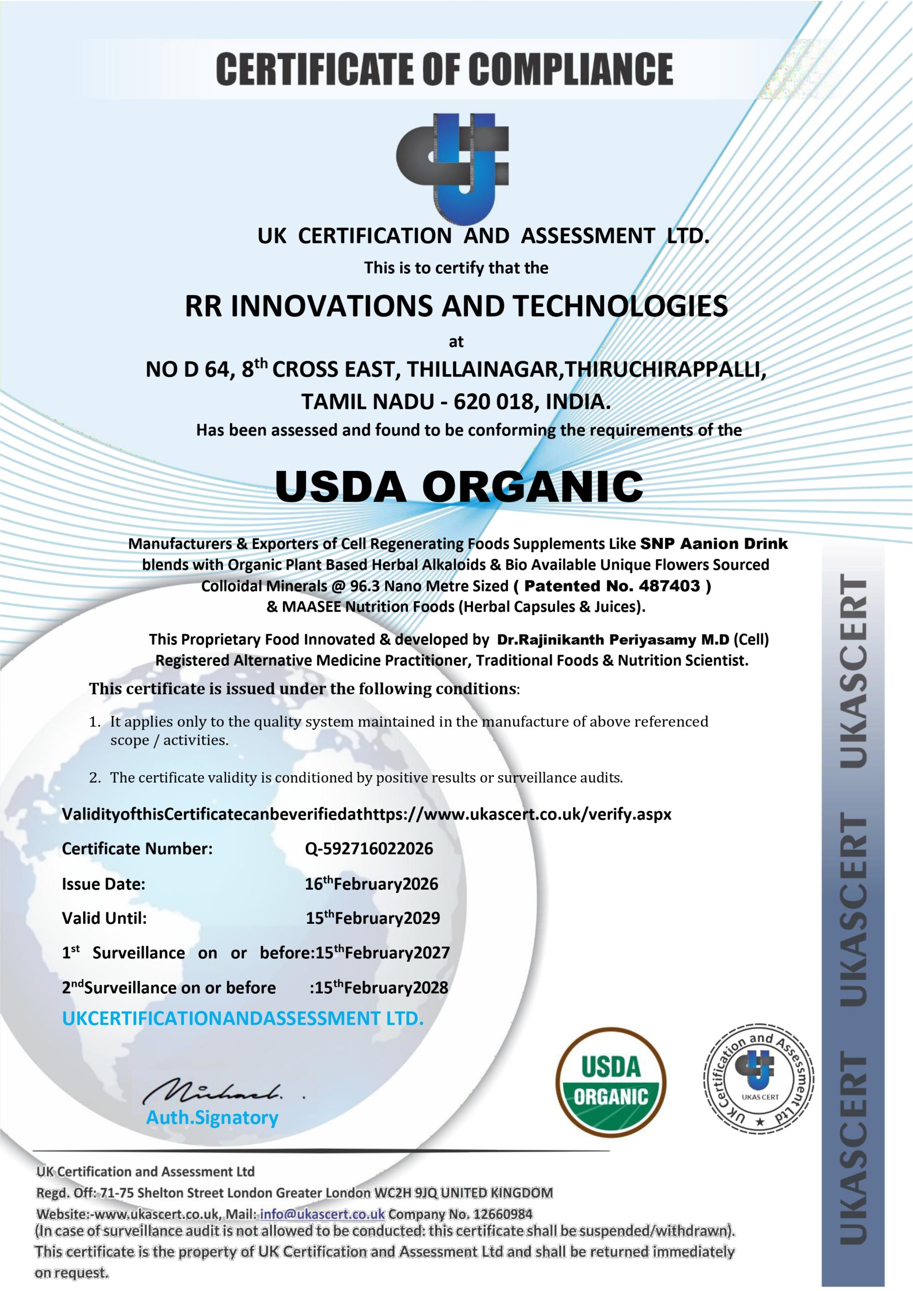 SNP USDA Organic Certificate